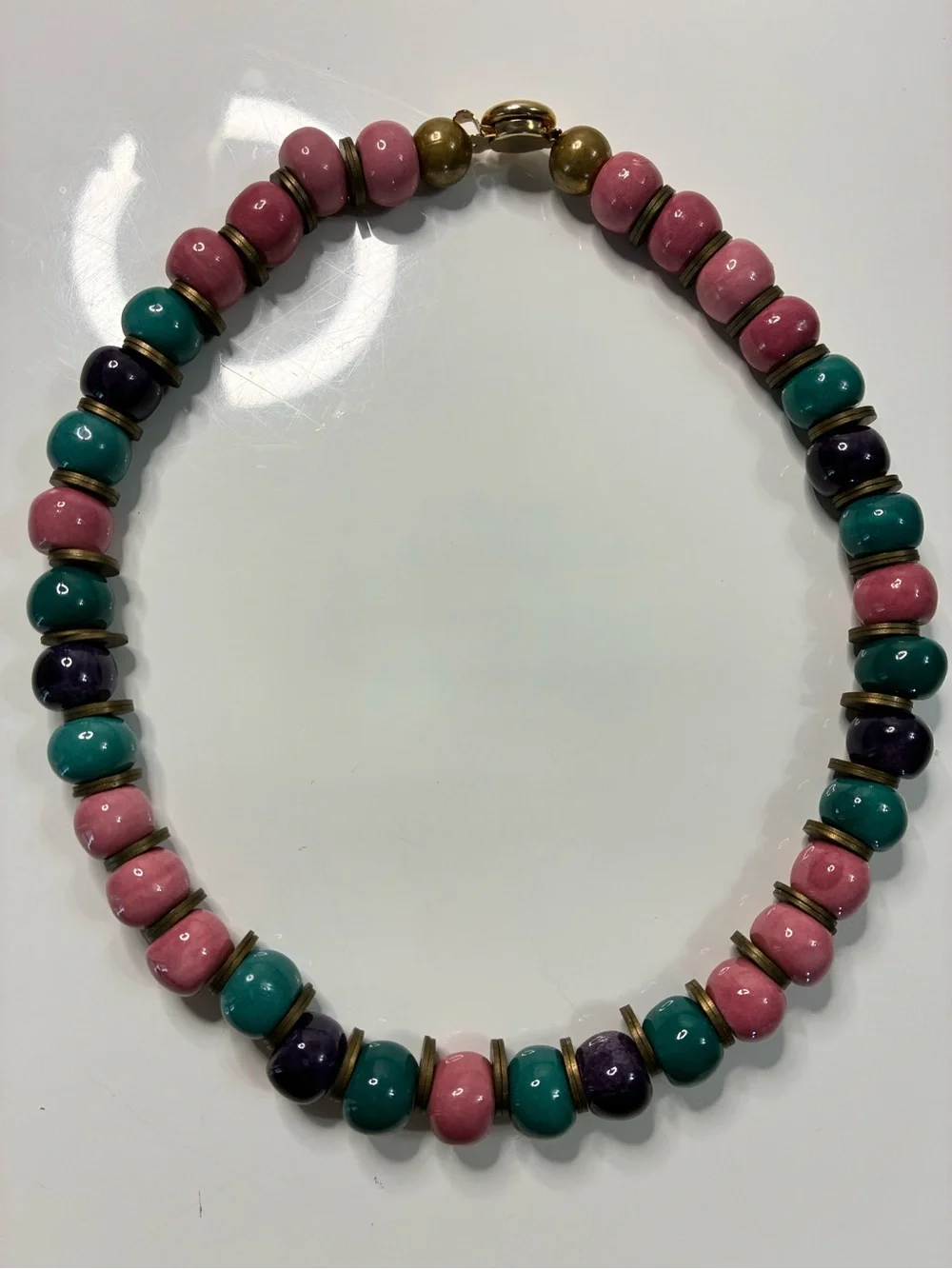 VTG Chunky Ceramic Pink, Teal & Purple Beaded Necklace with Antique Gold Spacers